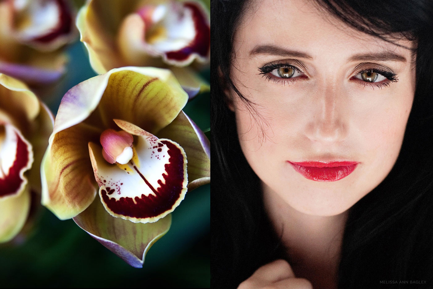 Close up photo of a yellow and red orchid next to a close up portrait of a woman with dark hair and hazel eyes wearing a dark coat and pink lipstick.