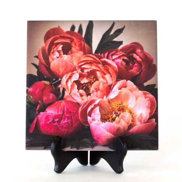 Photo of Springtime Peonies Ceramic Art Piece on a black tabletop easel
