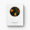 Pictured: The notebook's back cover. The white background has a decorative pattern screened lightly on it. On top of the design, there is a photo of orange fuyu persimmons in a circle.