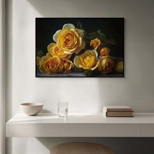 Blue Butterfly and Yellow Roses Framed Canvas