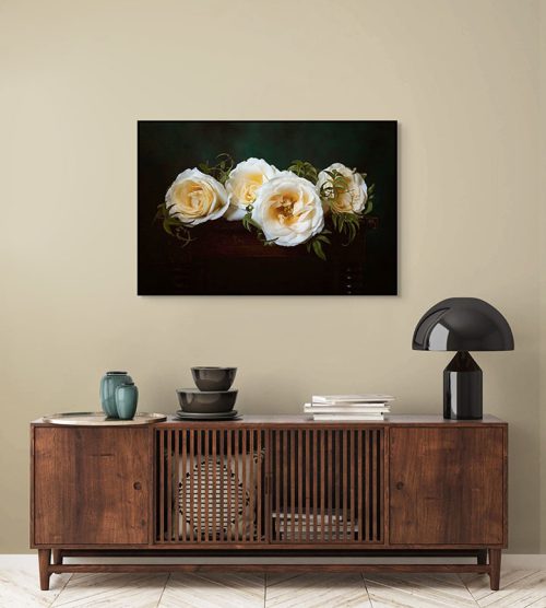 Cream and Peach Roses Framed Canvas