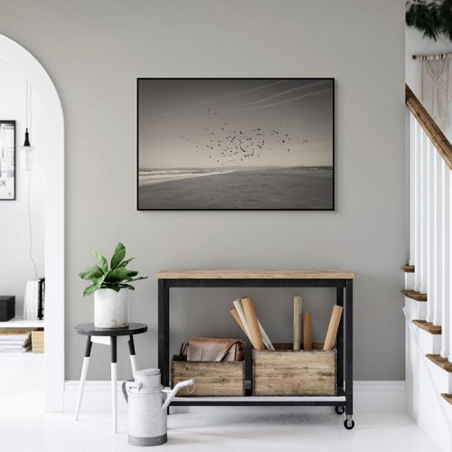 Pelicans on the shore framed canvas