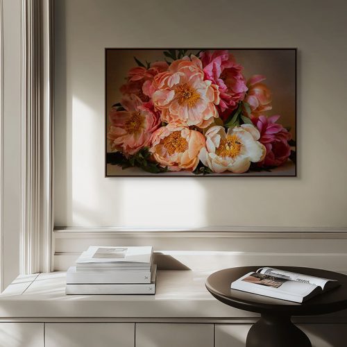 Peonies and honeybees framed canvas
